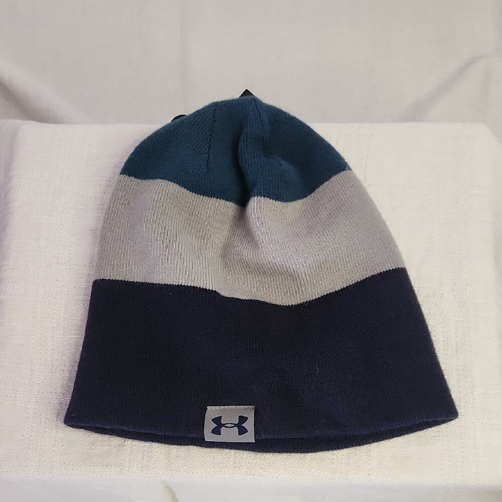 NWT Under Armour Teal, Navy and Gray Striped Beanie